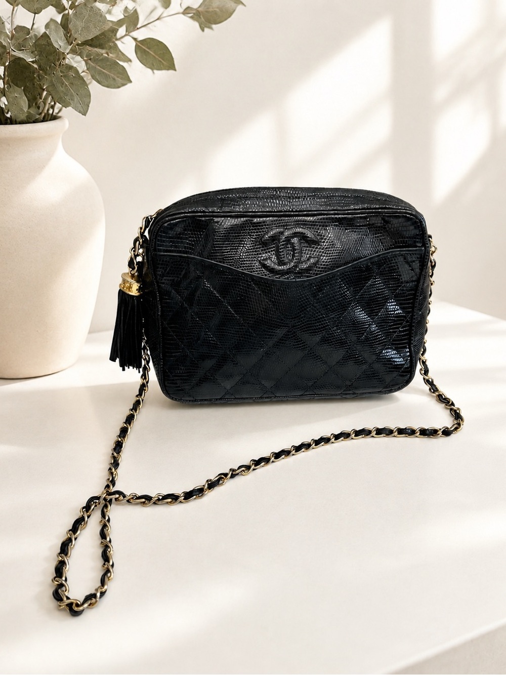 CHANEL Black Quilted Lizard Camera Bag CC Logo Tassel Gold Chain Crossbody CERT